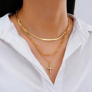 NEW 14K Gold Plated CZ Cross Layered Stack Chain Necklace